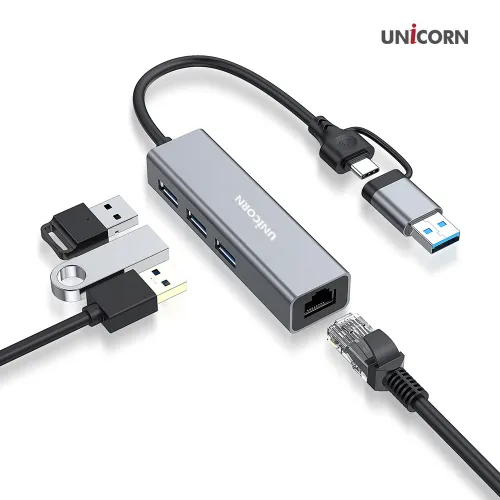 [유니콘] USB3.1 Gen1 3포트 A+C타입 GIGA 유선랜카드 1Gbps 알루미늄바디 CLAN-1000HC (업체별도 무료배송)