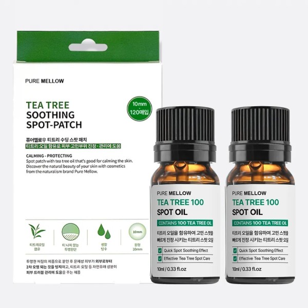[퓨어멜로우] 티트리 100 스팟 오일 10ml x 2개 + 티트리 수딩 스팟 패치 120매 (업체별도 무료배송)