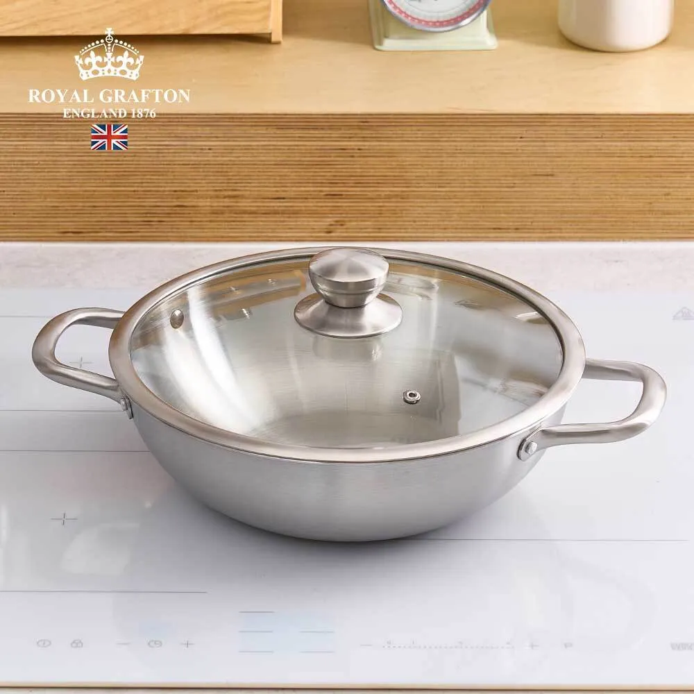 [로얄그래프톤] 마이티 무연마 통3중 IH 스텐 전골 냄비 파티웍 28CM (업체별도 무료배송)