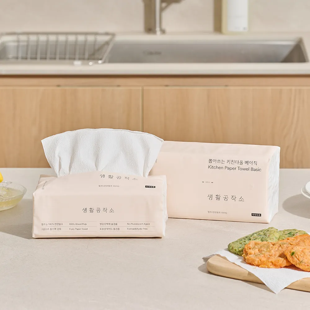 [1+1][생활공작소] 뽑아쓰는 3겹 키친타올 베이직 대용량 100매 x 9팩 (총 18팩) (업체별도 무료배송)