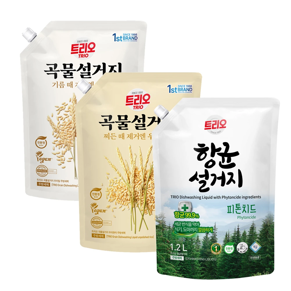 [애경] 트리오 곡물 설거지 주방세제 1.2L 파우치 x 3개 (업체별도 무료배송)
