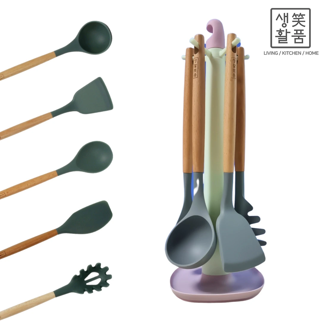 [생활笑품] 실리콘 조리도구 키친툴 주걱 국자 뒤집개 거치대 6종 세트(업체별도 무료배송)