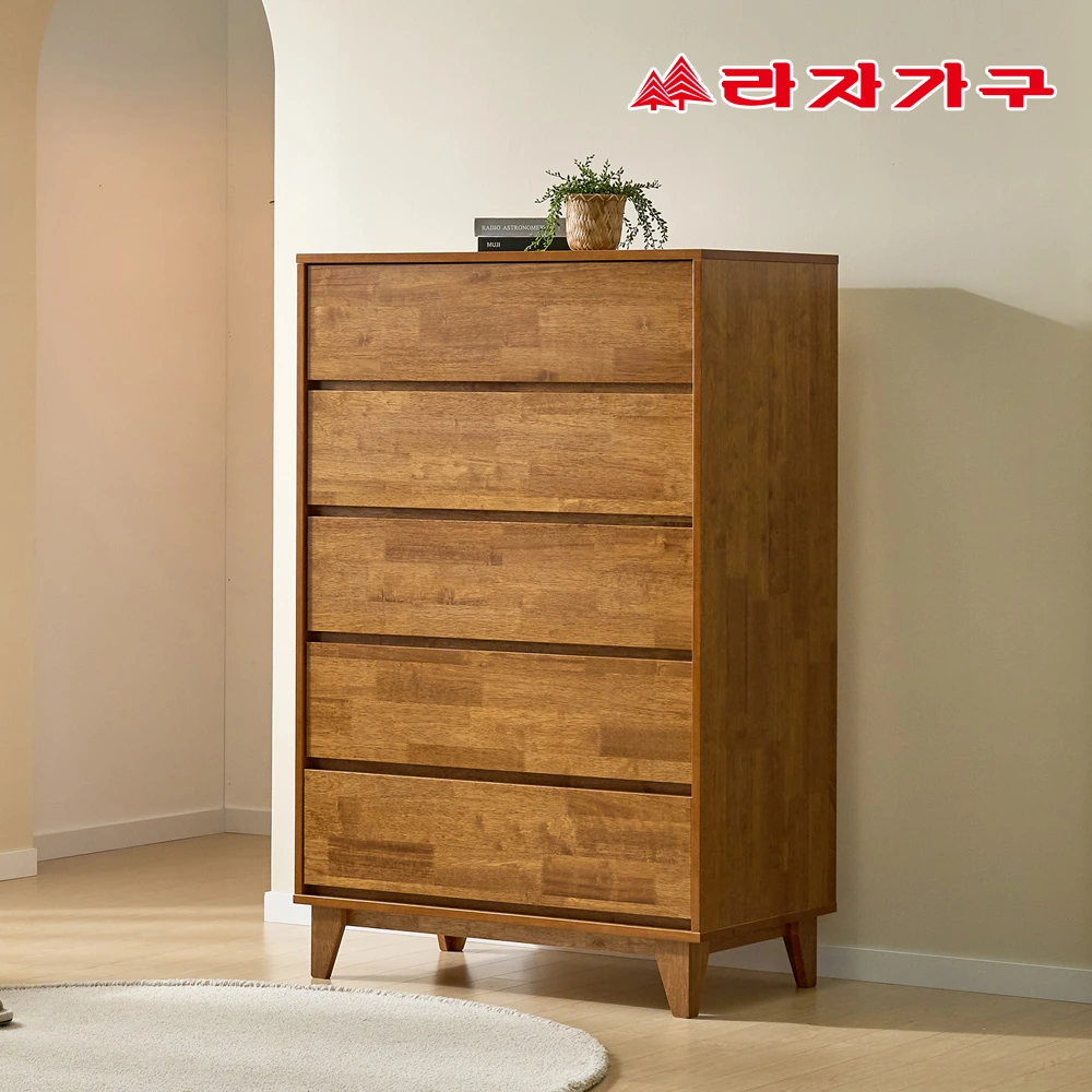 [라자가구] 모레인 E0 고무나무 원목 속깊은 광폭 5단 서랍장 900 (방문설치배송)
