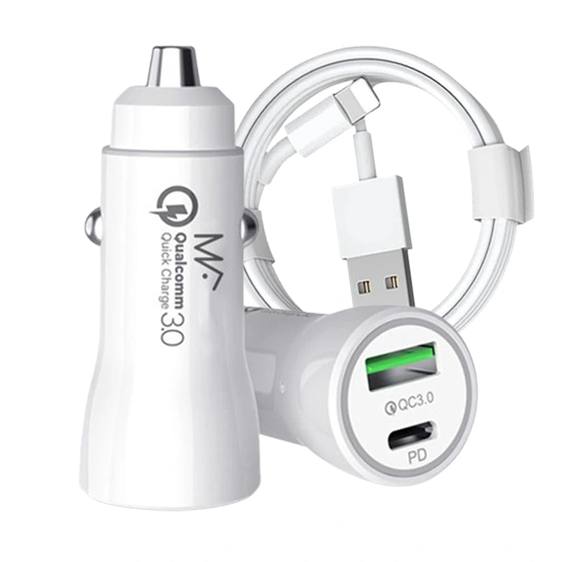 [라피드] 36w 2포트 초고속 시거잭 + USB 8핀 케이블 2m 차량용 충전기 세트 (업체별도 무료배송)