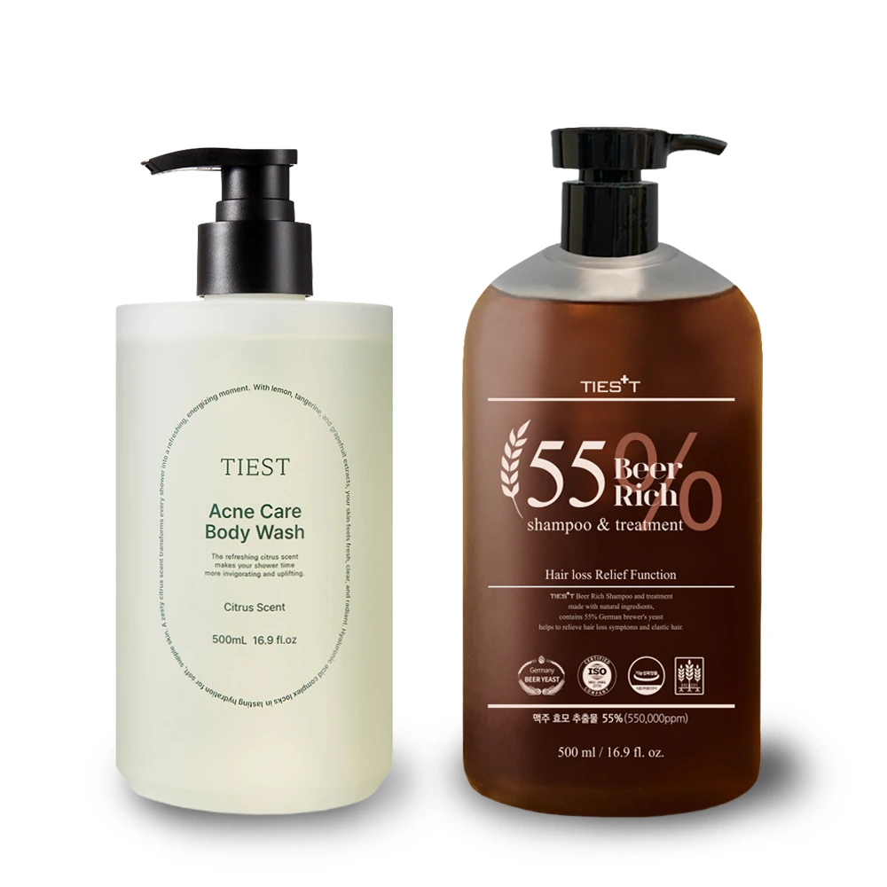 [티에스트] 아크네케어 바디워시 500ml + 비어리치 탈모샴푸 500ml (탈모증상완화 기능성)(업체별도 무료배송)