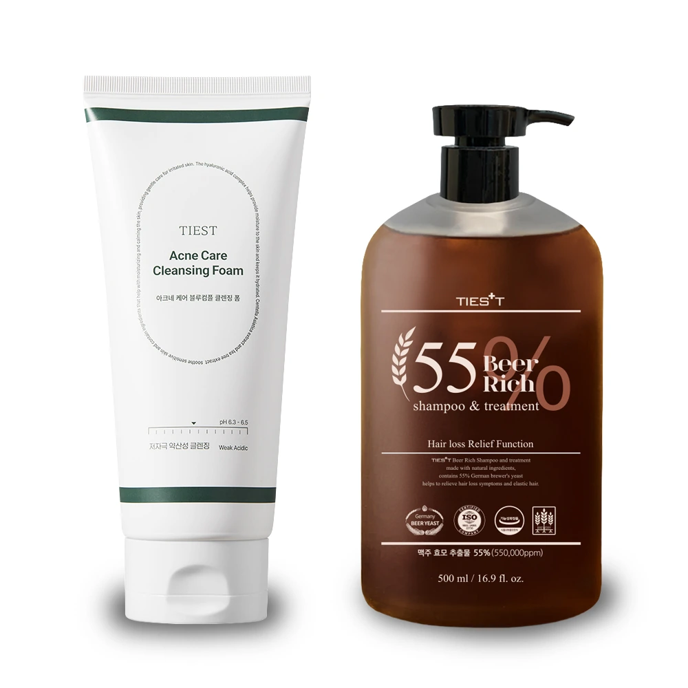 [티에스트] 아크네케어 클렌징폼 180ml + 비어리치 탈모샴푸 500ml (탈모증상완화 기능성)(업체별도 무료배송)